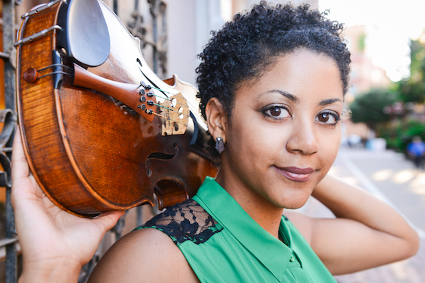 Ashleigh Gordon poses with her viola behind her head