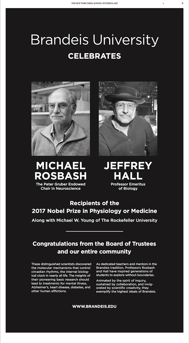 In the New York Times Brandeis University celebrates a Nobel Prize to professors Michael Rosbash and Jeffrey Hall