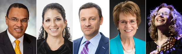 From left to right: Freeman Hrabowski III, Shira Ruderman, Jay Ruderman, Mary Sue Coleman and Chava Alberstein will receive honorary degrees at Brandeis University's 67th Commencement on May 13 2018