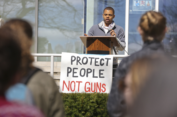 Students speak and listen at a rally for gun control on April 20, 2018, the 19th anniversary of the Colombine shootings.