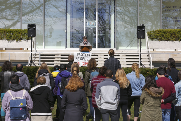 Students speak and listen at a rally for gun control on April 20, 2018, the 19th anniversary of the Colombine shootings.