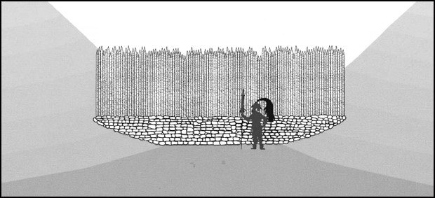 Illustration of Maya wall. The walls consisted of a row of wooden stakes resting on a stone foundation. 
