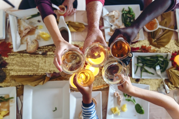 people of different races toasting over a festive table