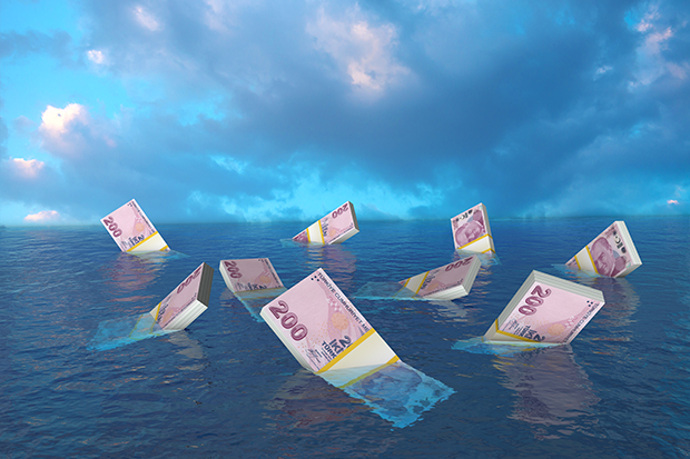 Turkish lira floating in water