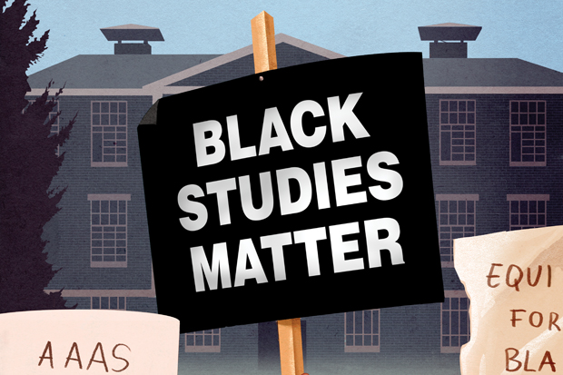 Illustration of picket sign reading "Black Studies Matter" in front of a rendering of the old Ford Hall building
