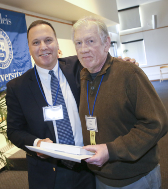 President Ron Liebowitz with Joe Fahey, who works in Dining Services, now Sodexo, the employee with the longest service to be recognized, with 45 years working at Brandeis