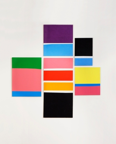 colorblock image using rectangular strips of primary colors, work by Ralph Coburn titlted "Random Sequence Participatory Composition"