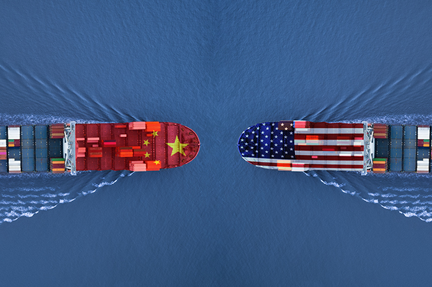 Illustration of container ships from US and China heading toward each other.