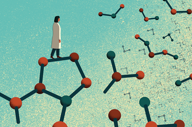 Illustration of scientist standing on pieces of molecules