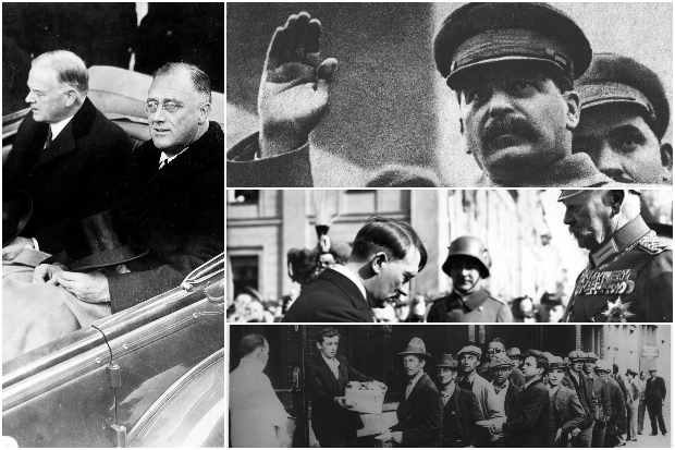 FDR, Stalin, Hitler, post-depression bread line.