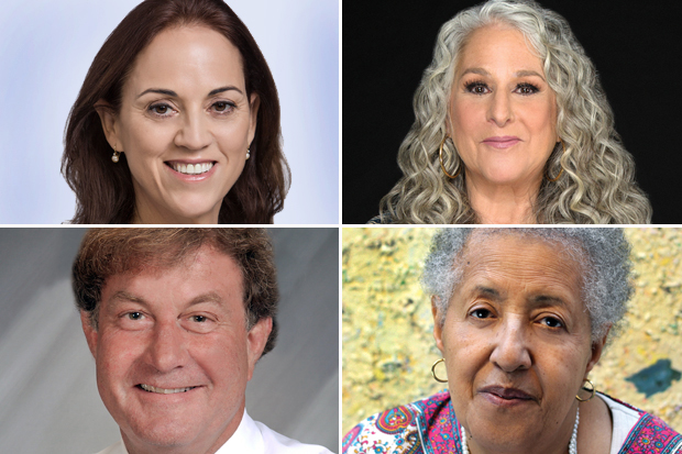 four headshots in a two-over-two arrangement, clockwise from left, Ruth Calderon, Marta Kauffman, Howardena Pindell and Allan Hassenfeld