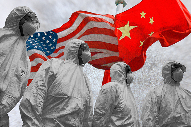 Illustration. Health workers with US and China flags behind them