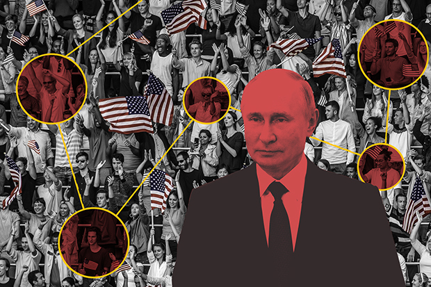 Illustration. Vladimir Putin in foreground, people and American flags in background.