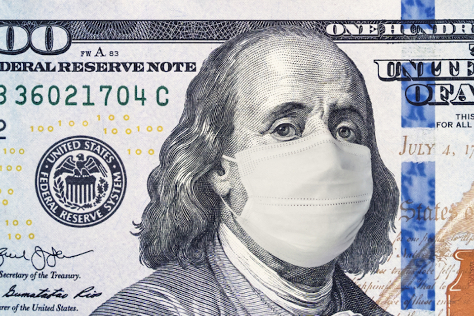 Illustration: a 100 dollar bill, with a surgeon mask imposed on Franklin's face.