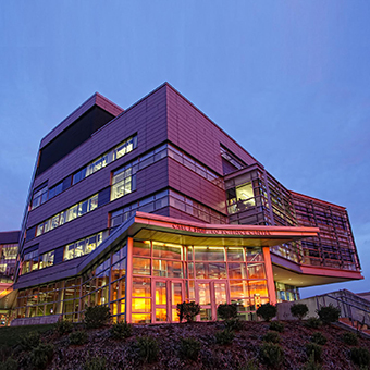 Photo at night of the science center