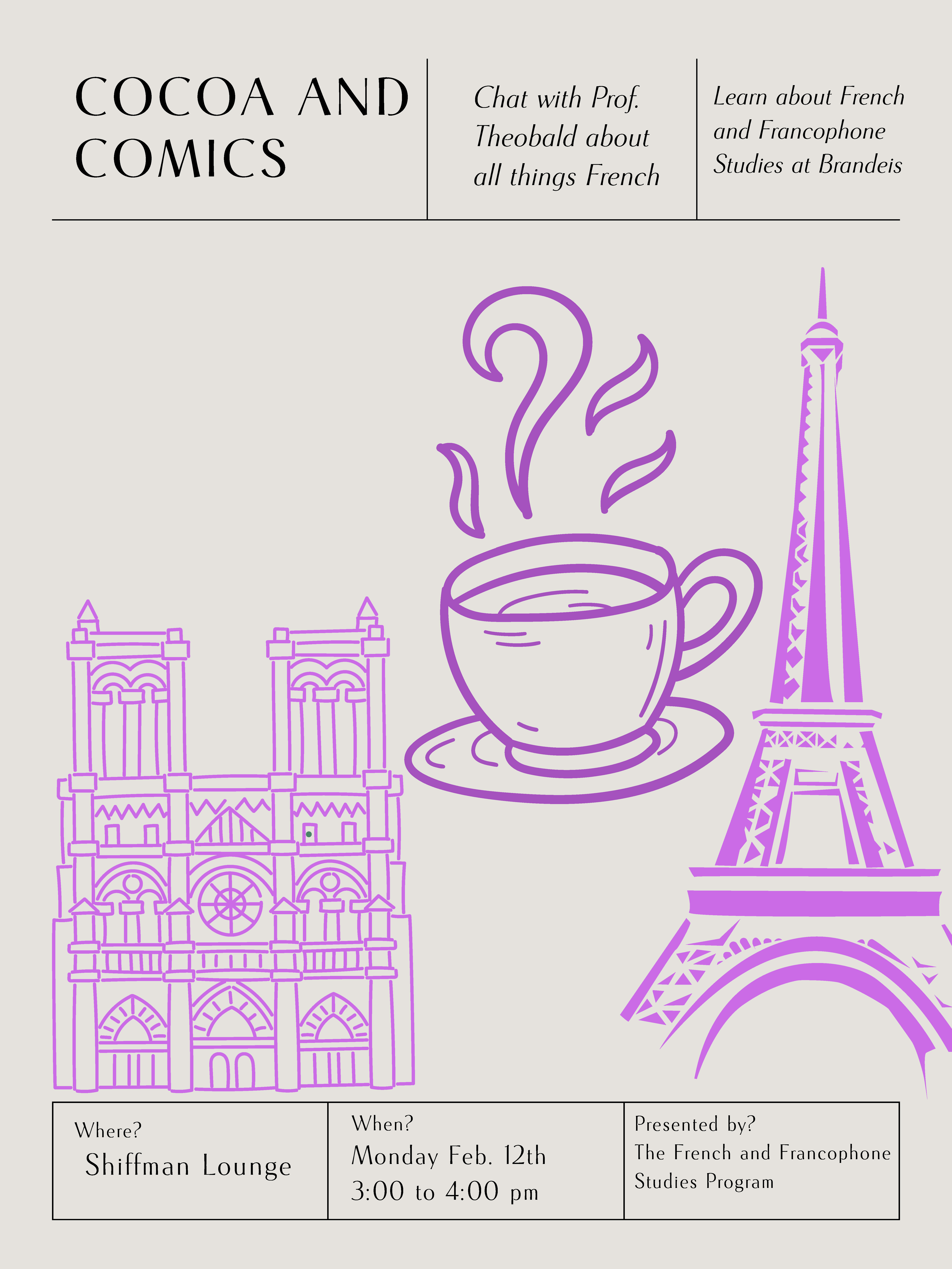 poster for Cocoa and Comics event. images of Notre Dame, Eiffel Tower, and cup of coffee. text reads same as on this page.