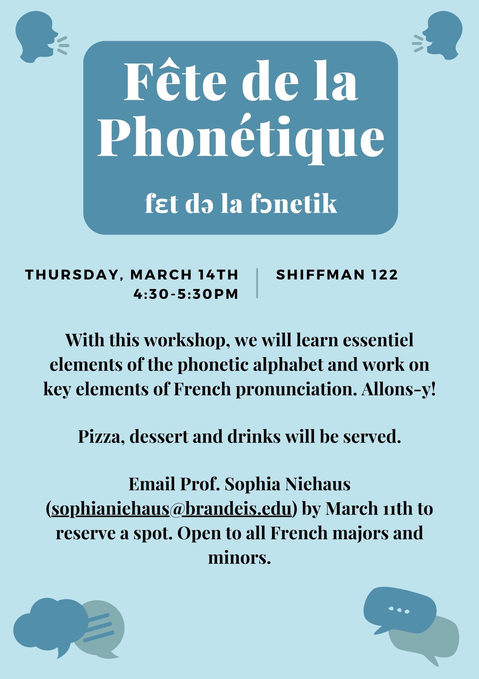 poster for phonetics workshop. images of conversation bubbles. text is same as below.