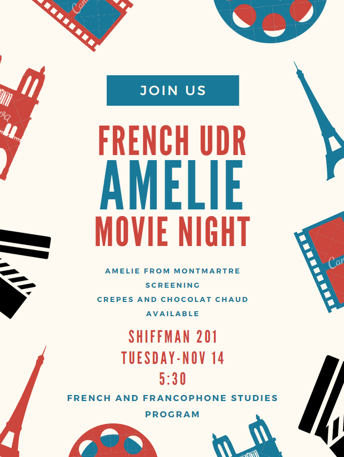 flyer for movie night event. border of french-related images. text is same as on this page.
