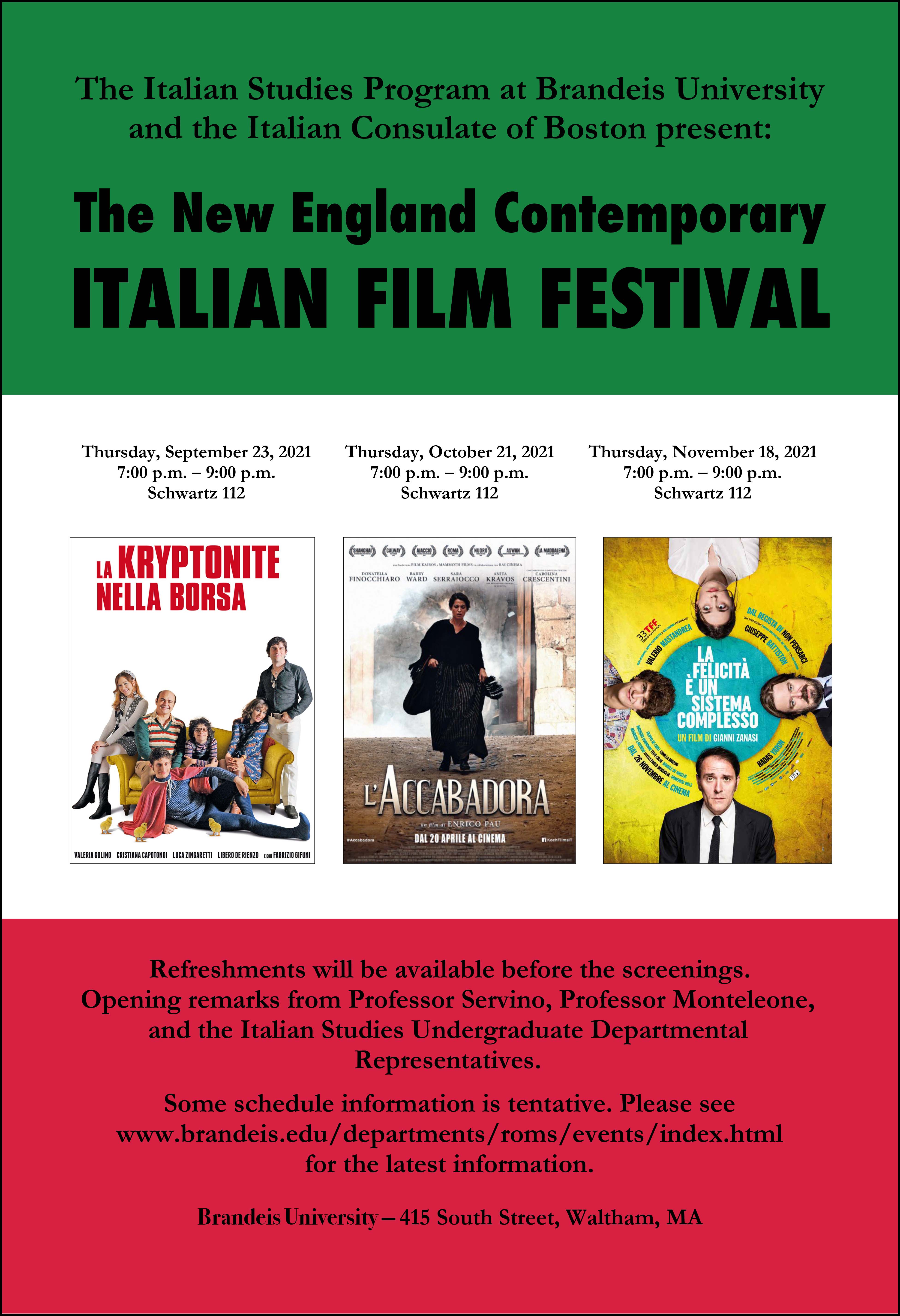 poster for Italian Film Festival with posters for all three films and other information listed in text for event.