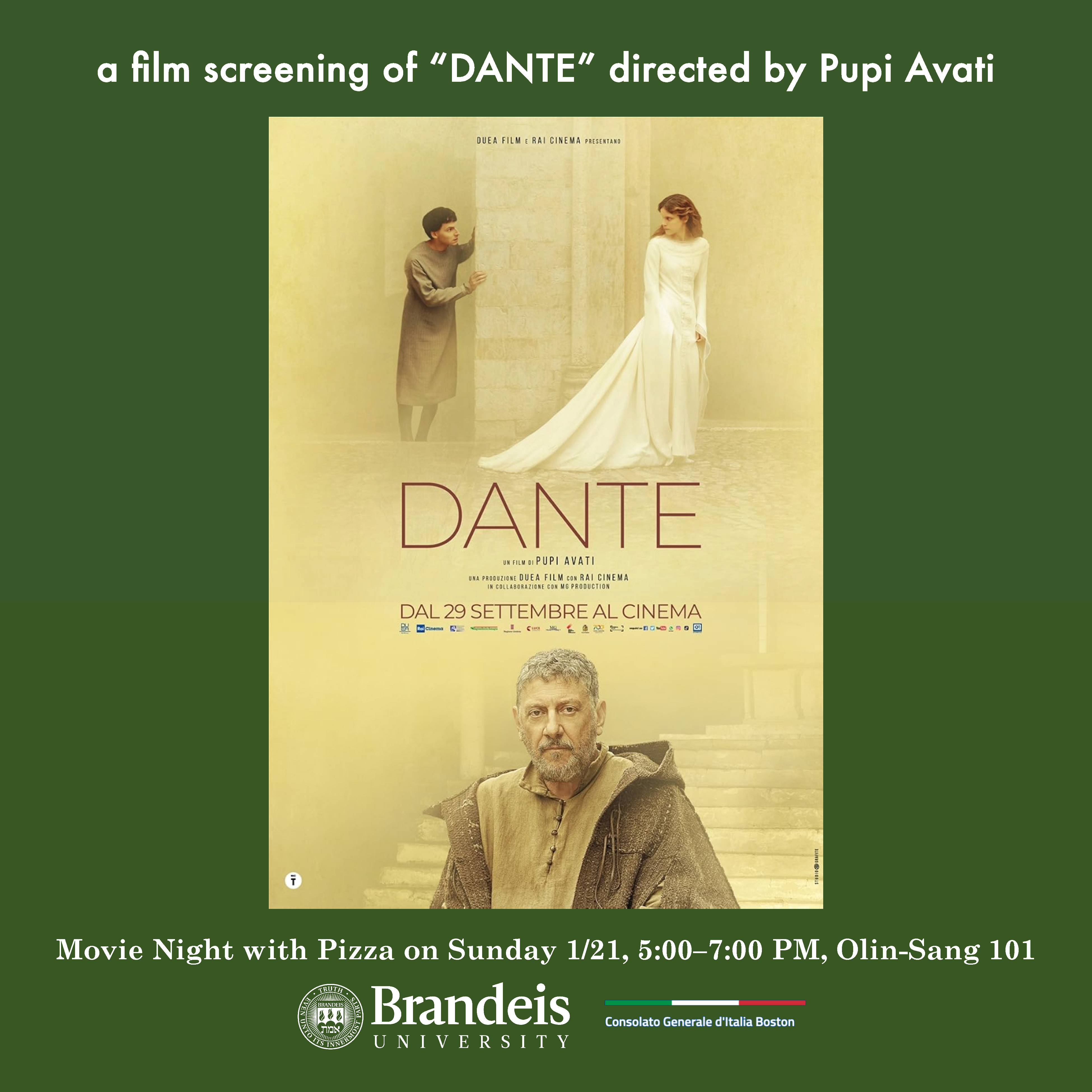 flyer for Italian Movie Night event includes movie poster of Dante (2022) and logos for Brandeis University and for the Italian Consulate of Boston. all text embedded in the image is also listed on this page