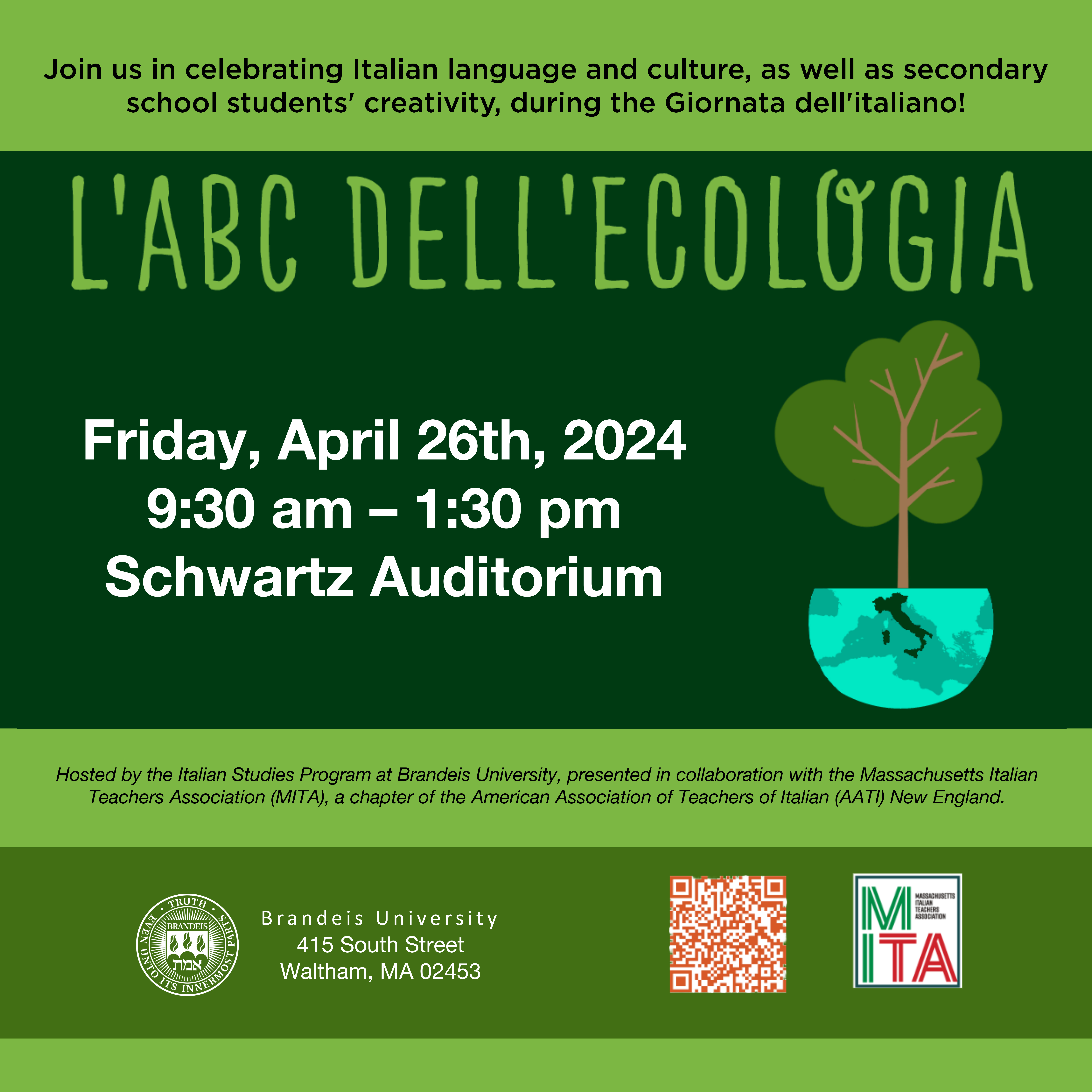 flyer for Giornata dell'italiano. green backgrounds. cartoon image of tree and Italy highlighted on globe. Brandeis seal and address, MITA logo, and QR code. all text is also included below.