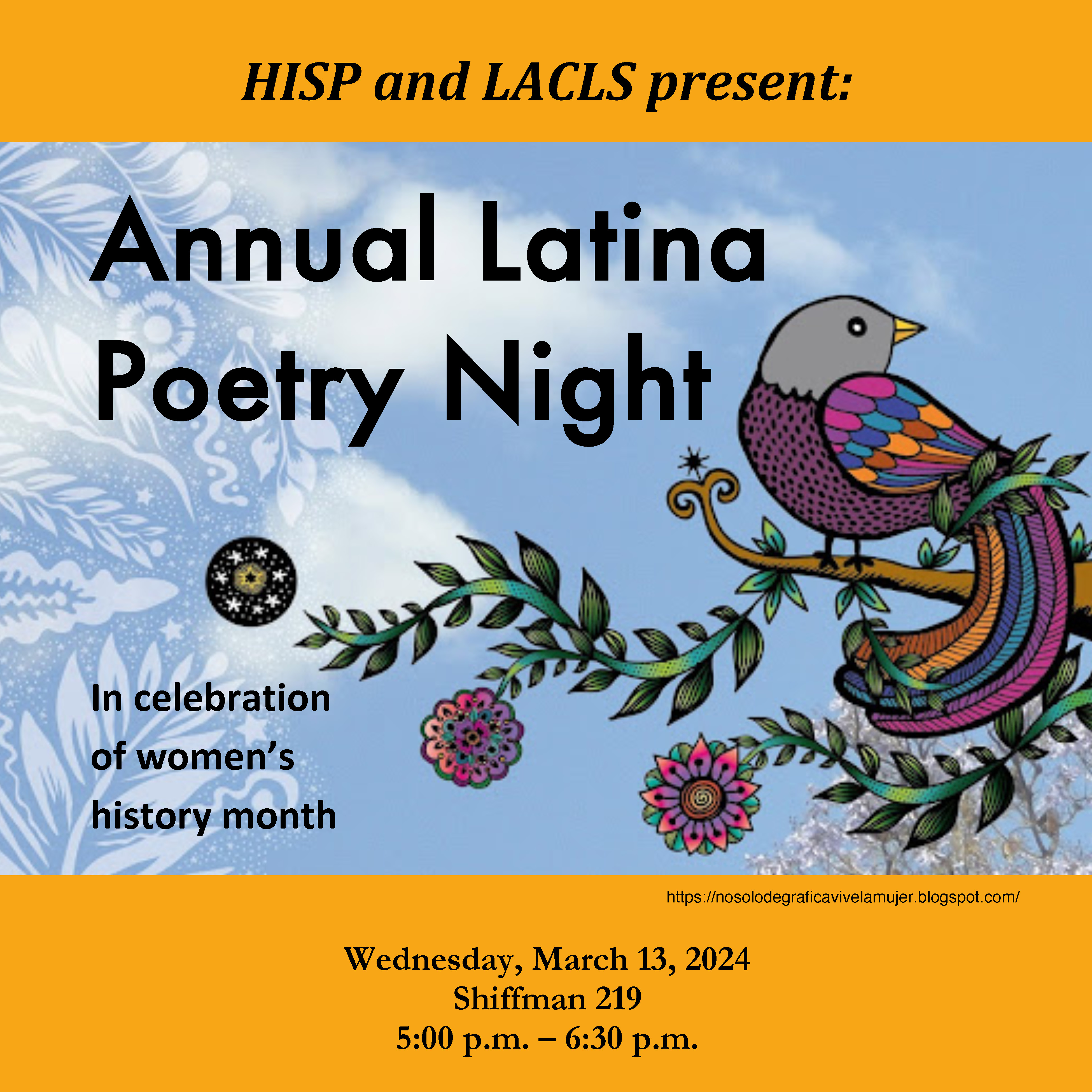 flyer for Latina Poetry Night with illustration of colorful bird in a tree. text is same as on this page.