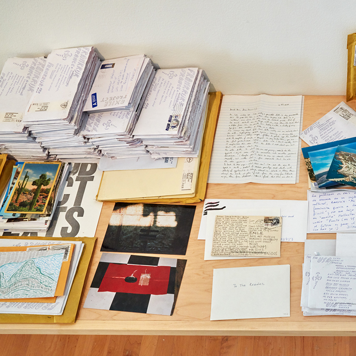 A stack of letters, packages, and postcards both opened and unopened alongside books and pamphlets. 