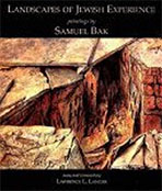 "Landscapes of Jewish Experience: Paintings by Samuel Bak" book cover has a painting of crumbling buildings underground, revealed beneath stones of a walkway.