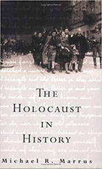 "The Holocaust in History" book cover showing a sepia photo of a group of people and children walking beside a soldier.  A handwritten letter is superimposed.