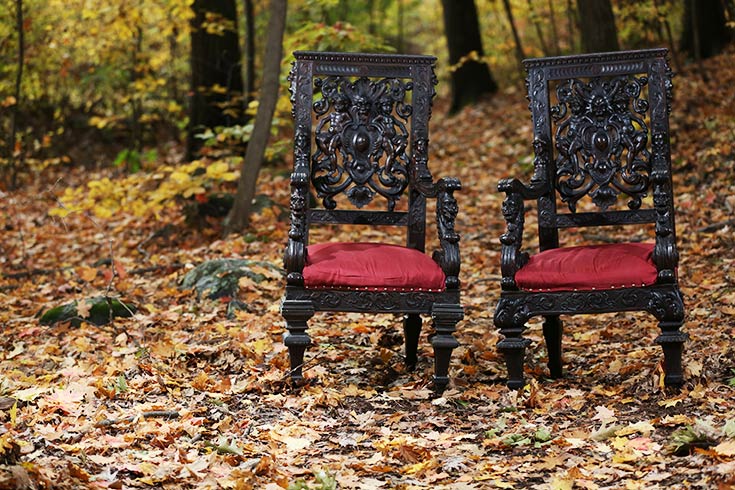 Two chairs in woods positioned atop of brown, fallen leaves