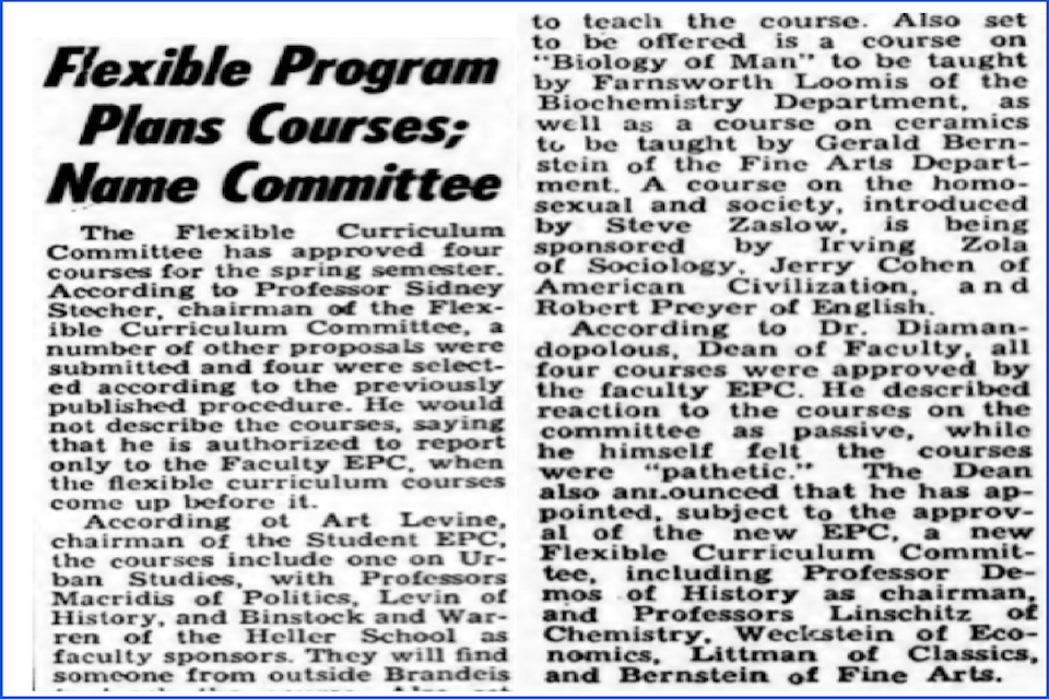Article from the Justice titled "Flexible Program Plans Courses; Name Committee."