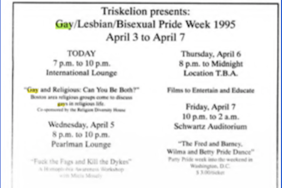 A poster titled "Triskelion Presents: Gay/Lesbian/Bisexual Pride Week 1995, April 3 to April 7."