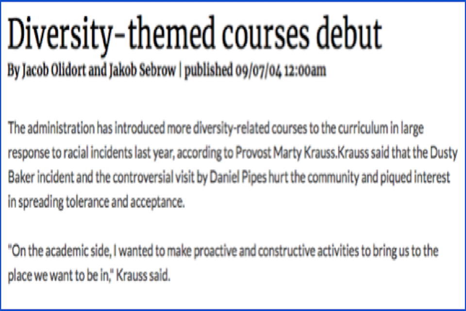 a screenshot of an article by Jacob Olidort and Jakob Sebrow from the Justice website, titled 'Diversity-themed courses debut."