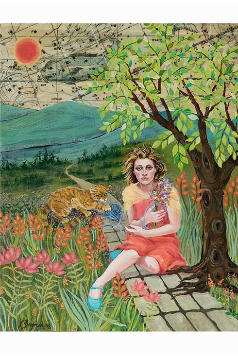 Painting of a girl and a tiger sitting amongst trees and flowers