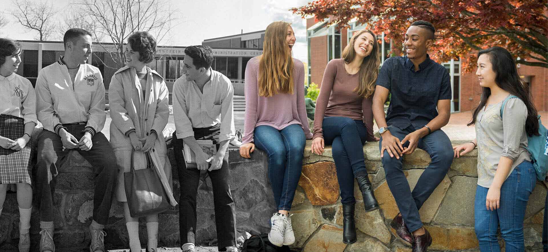 Black and white photo of four people on the Brandeis campus positioned next to a color photo of four people on the Brandeis campus