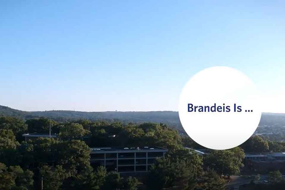 Text "Brandeis Is..." in a white circle over a background of the Brandeis skyline