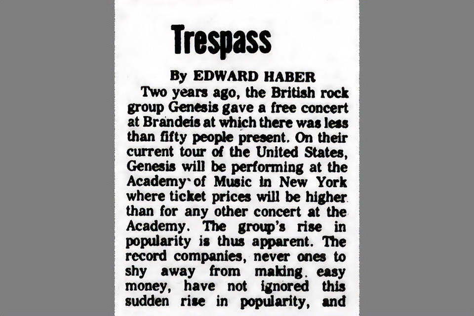Clipping of article on Genesis performing at Brandeis in The Justice