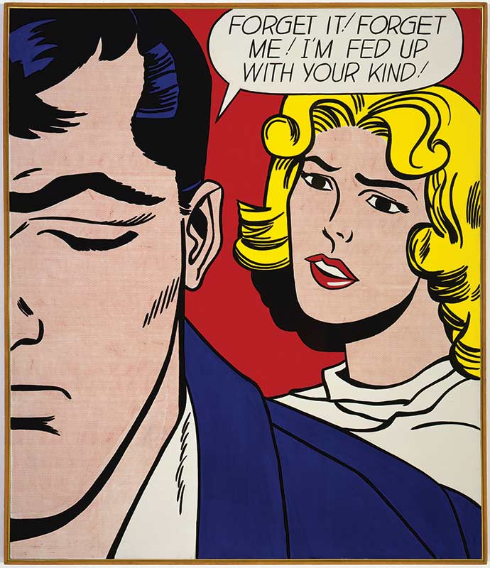 Pop art painting by Roy Lichtenstein showing woman speaking to downcast man.