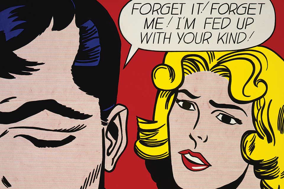 Pop art painting by Roy Lichtenstein showing woman speaking to downcast man.