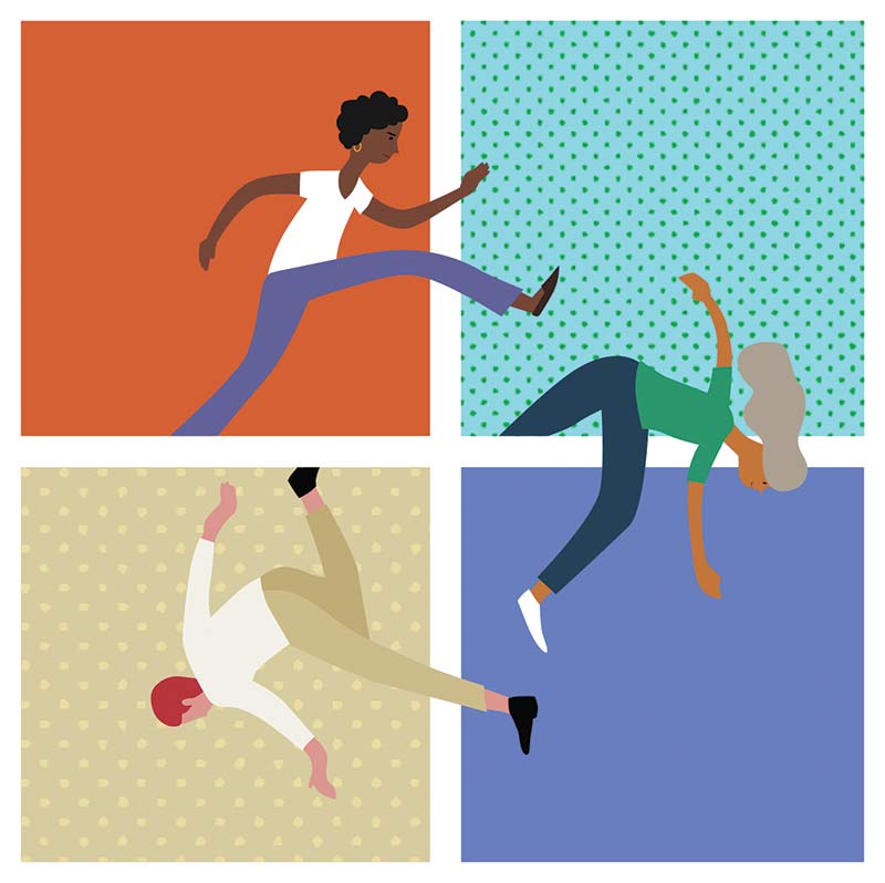 Illustration of three people stepping over into four brightly colored panels.