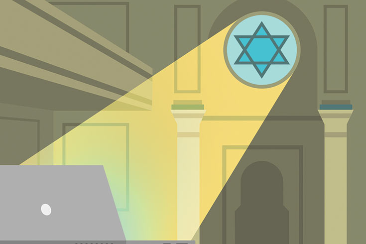 Illustration of light shining through a Star of David window onto a laptop