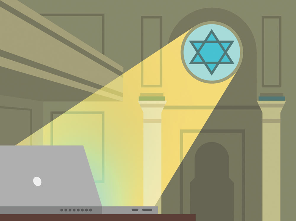 Illustration of light shining through a Star of David window onto a laptop