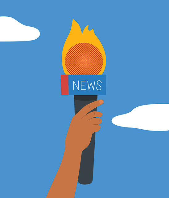 Illustration of a hand holding a cross between a TV-new microphone and the Statue of Liberty torch.