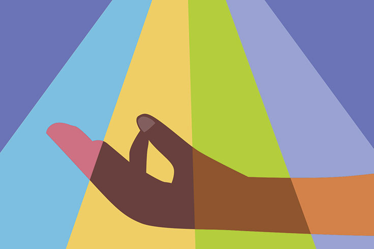 An illustration of a hand in lotus position lit by a spectrum of colors.