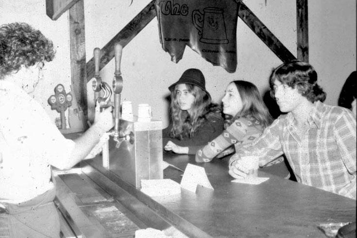 Archival photo of students socializing at the Stein