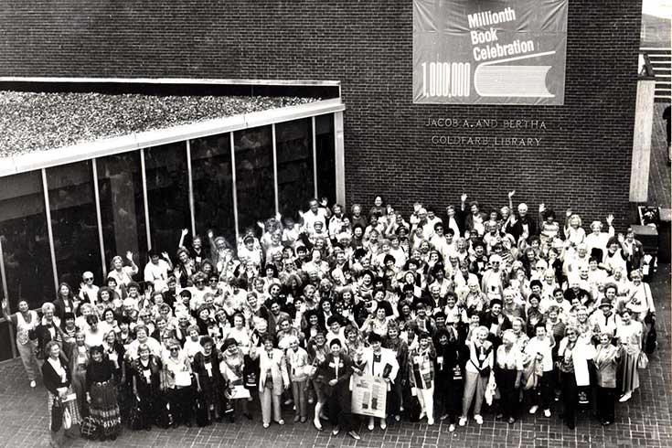 Black and white photo of a crowd at the Millionth Book Celebration