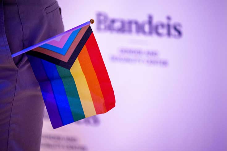 A rainbow flag with the word Brandeis in the background