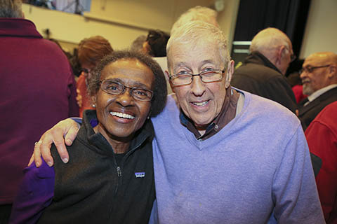 Attendee poses for a picture with Helen Stewart  PhD'80, Ford Hall panelist