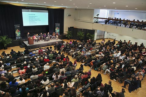 Aerial view of audience and stage.