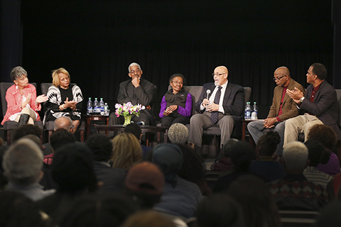 Closeup shot of the  Ford Hall 1969 panel discussion